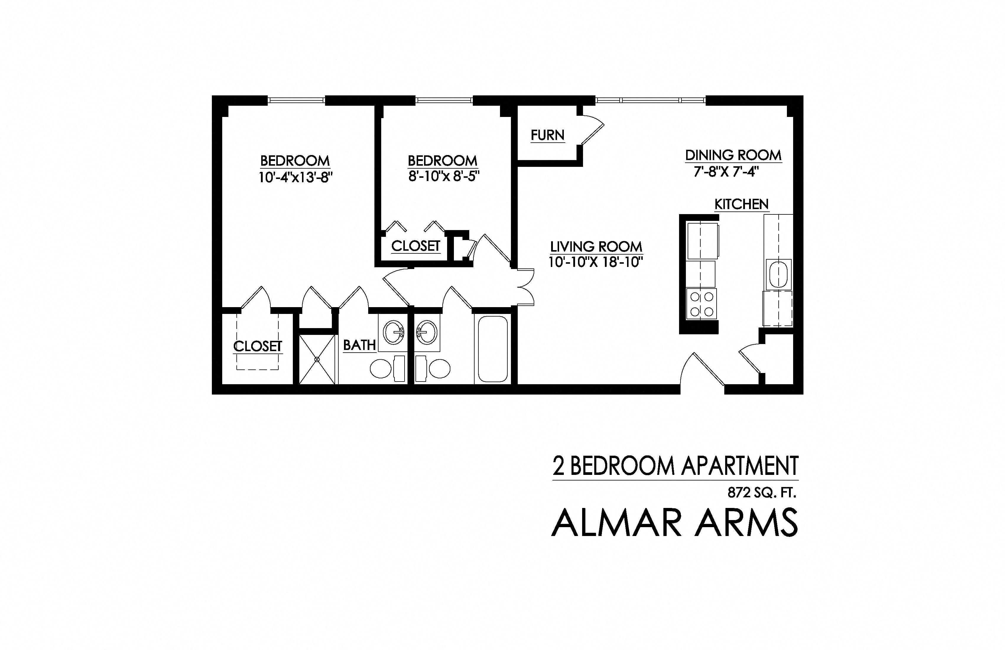 Floor plan for 2 beds, 2 baths, 872 sqft